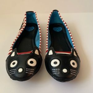 T.U.K. Red White striped black cat ballet flats
